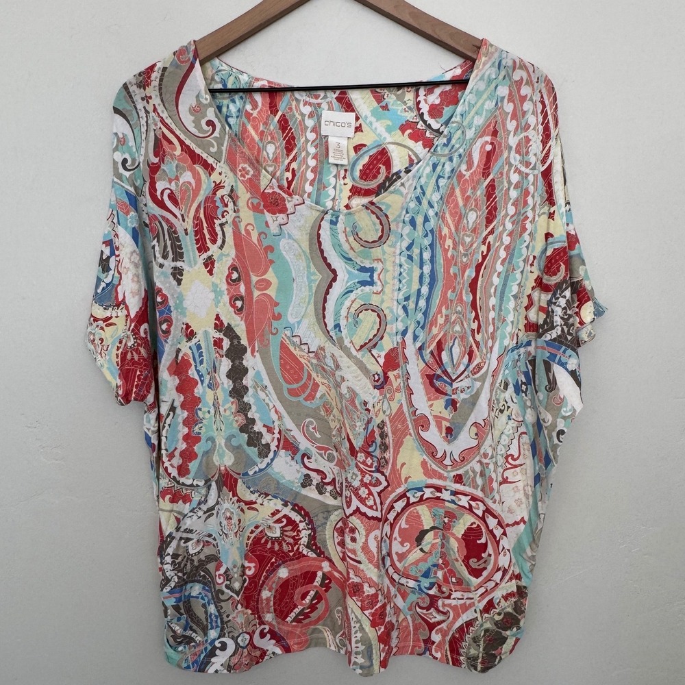 Chicos Paisley Print Ruched Hem V-Neck Top Multi-Color Artsy Boho XL Size 3